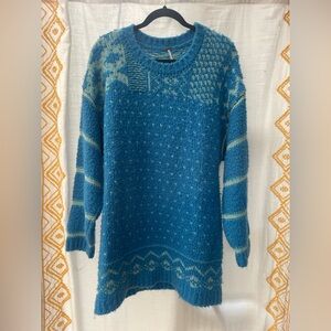 Free People Teal and Cream Patterned Sweater
